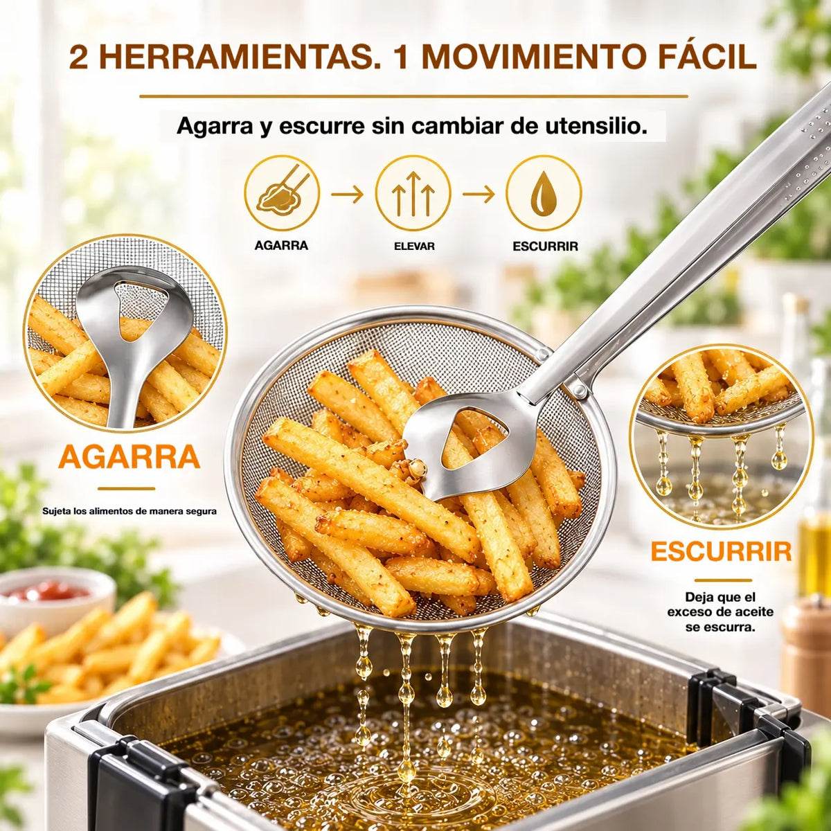🍟🍗【3 piezas 25 euros【Compra 1 y llévate 2 gratis】】Pinzas y espumadera tipo araña 2 en 1: herramienta de acero inoxidable para freír y escurrir