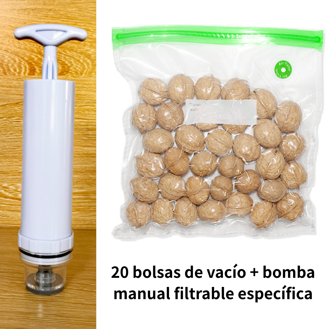 🔥【20 bolsas de vacío + bomba manual filtrable específica】🧊Bolsas de almacenamiento de alimentos con compresión al vacío y válvulas