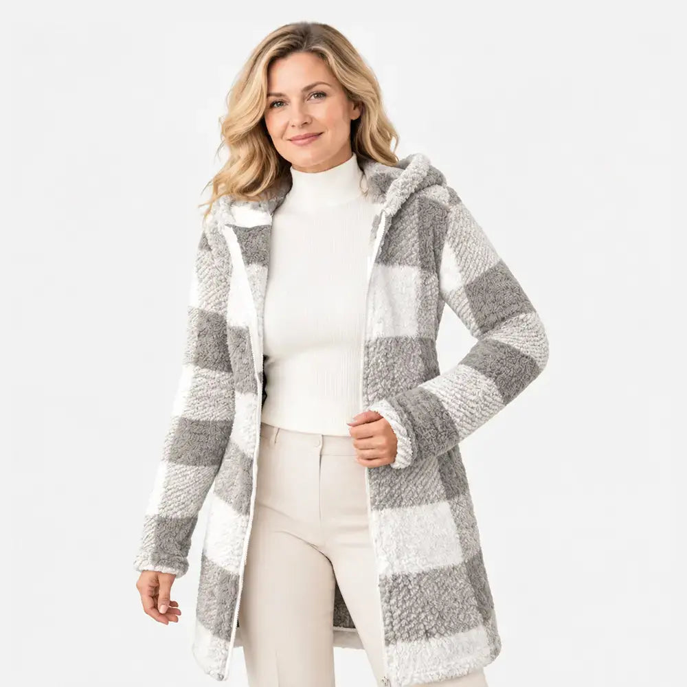 ✨【S-3XL】Női hosszú, megfordítható, cipzáras kardigán/kabát - műszőrme és kockás minta (ősz/tél)