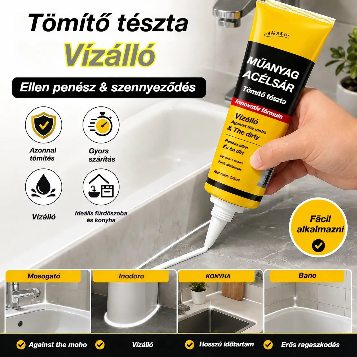 1 szett 7900 Ft 💧🛡️Sárga és fekete műanyag acélgitt, vízálló és penészálló tömítőanyag, fürdőszobai üvegragasztó, gyorsan száradó ragasztó.