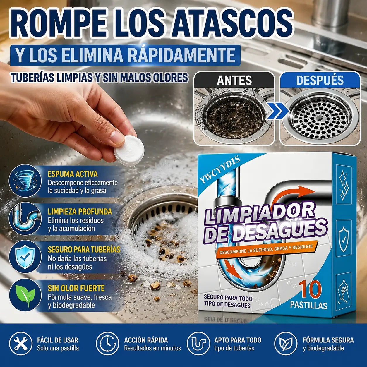 🛁💦【Compra 1 y llévate 1 gratis】🌟Limpiador de fregaderos y desagües: espuma de alta densidad a partir de extractos y enzimas en descomposición.