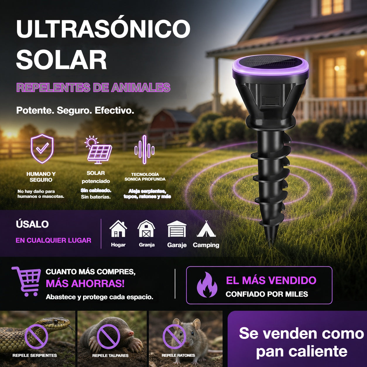 🔥 ¡Más de 100.000 unidades vendidas! 🛡️ Repele serpientes, insectos y roedores, ¡y protege tu hogar! 🏡️ Repelente ultrasónico de ratas con energía solar.