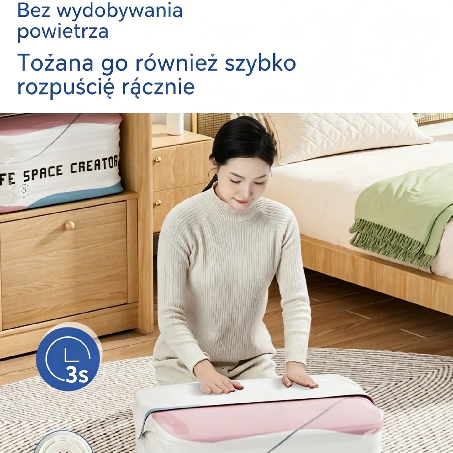 👕📦【Zestaw 5 sztuk! 22 zł / sztuka】Worki próżniowe do kompresji ubrań, nie wymagają pompki | Dwuwarstwowy pasek uszczelniający o pogrubionej konstrukcji zapobiegający pękaniu i przeciekaniu.