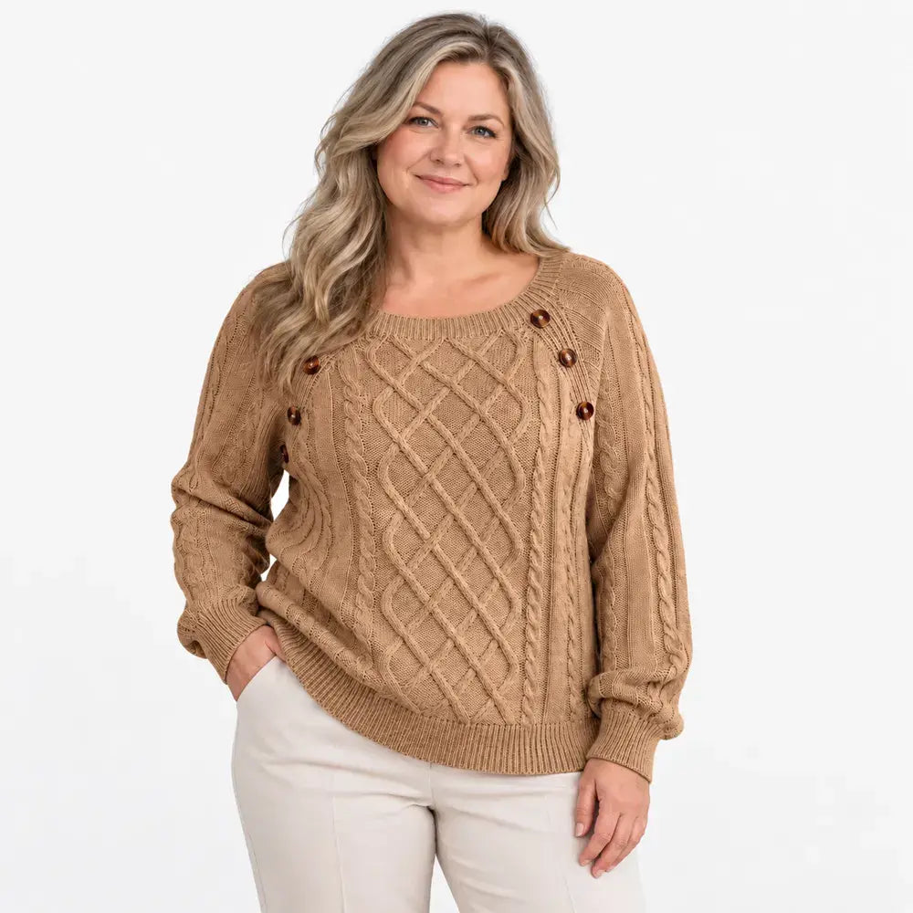 【S-2XL】Női lezser pulóver őszi és téli viseletre - szögletes nyakkivágással, gombokkal, kábelmintával