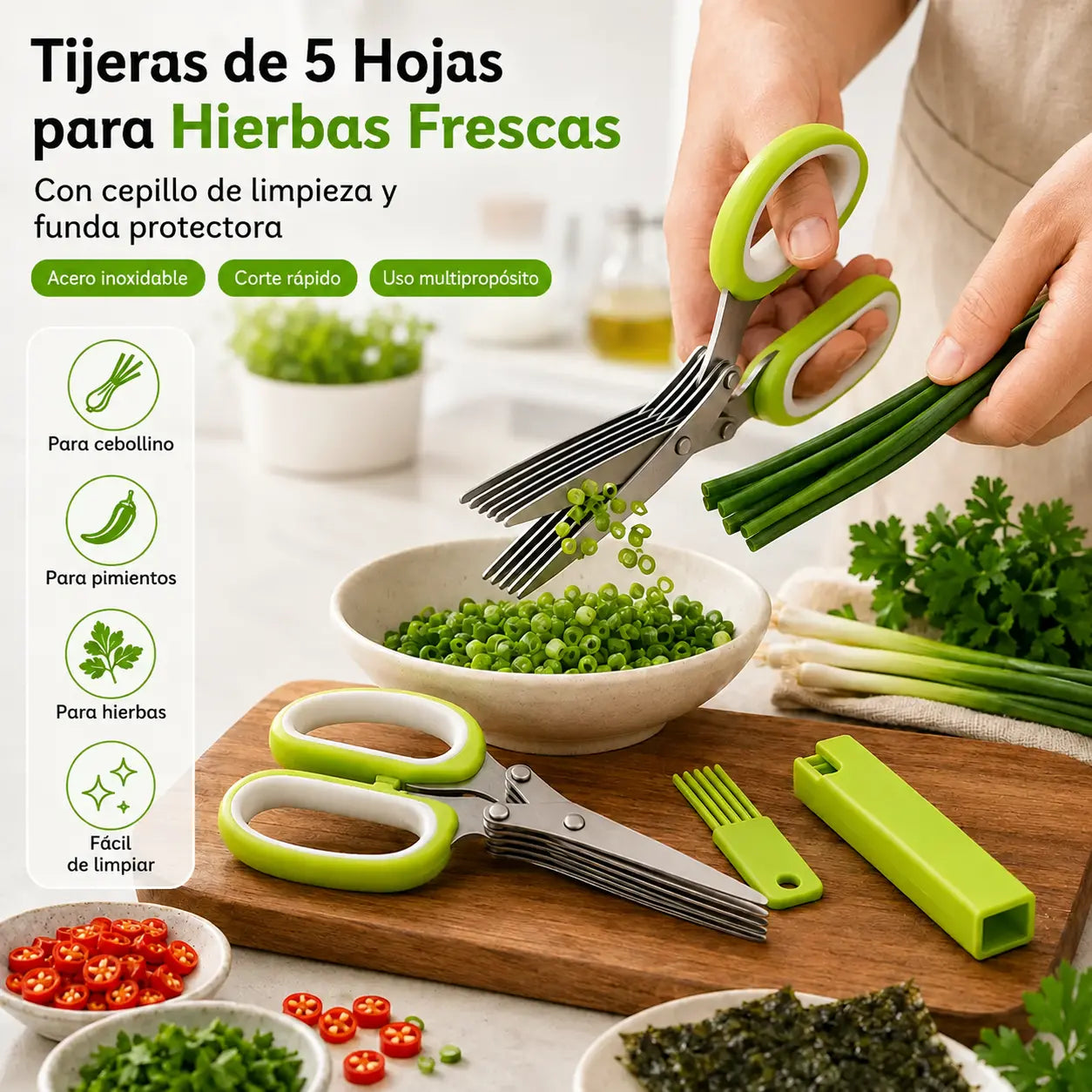 2 piezas 28 € 🌿 Tijeras para hierbas de 5 hojas: cortador de cocina rápido para hierbas y especias frescas