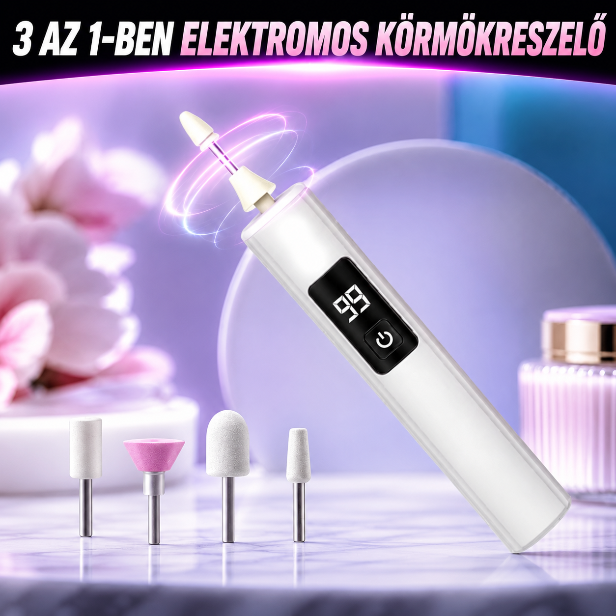 👍💅Háromfunkciós elektromos körömcsiszoló: csiszolás, polírozás, hámlasztás és körömlakklemosás