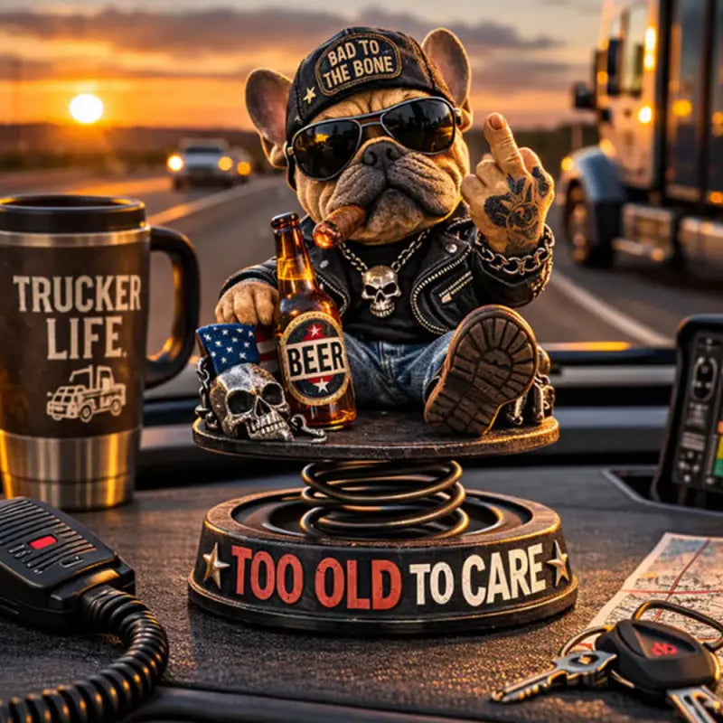🐻"Demasiado viejo para importarme" Muñeco cabezón de bulldog francés hardcore para el salpicadero 😎 - Decoración de coche de bulldog rebelde con el dedo corazón