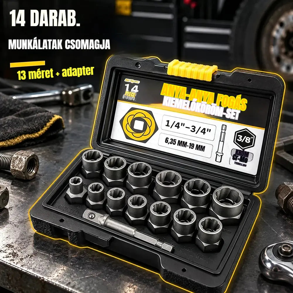 đ ïž ProfesszionĂĄlis megoldĂĄs beragadt csavarokra! SĂ©rĂŒlt anya- Ă©s csavarkihĂșzĂł kĂ©szlet (14 darabos)! Ultra erĆs CrMo acĂ©l · CsĂșszĂĄsgĂĄtlĂł profil · HordtĂĄskĂĄval!