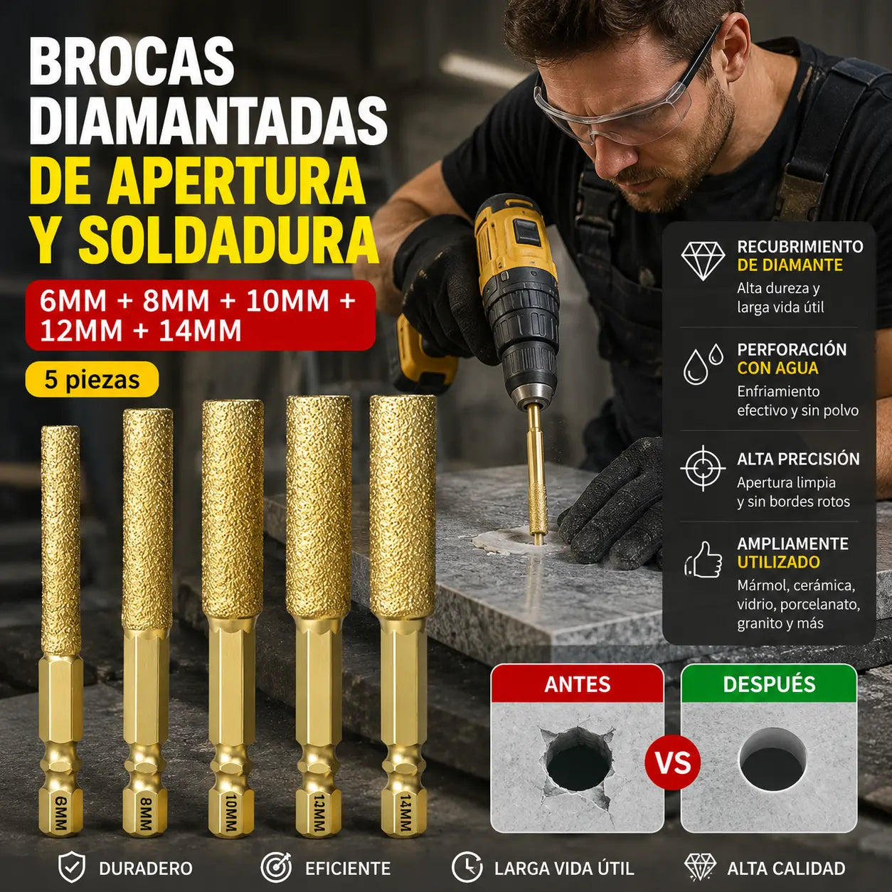 🔧【6+8+10+12+14MM】Fresas rotativas de diamante soldadas de 6 mm a 14 mm, vástago hexagonal, brocas de diamante para rectificado, escariadores
