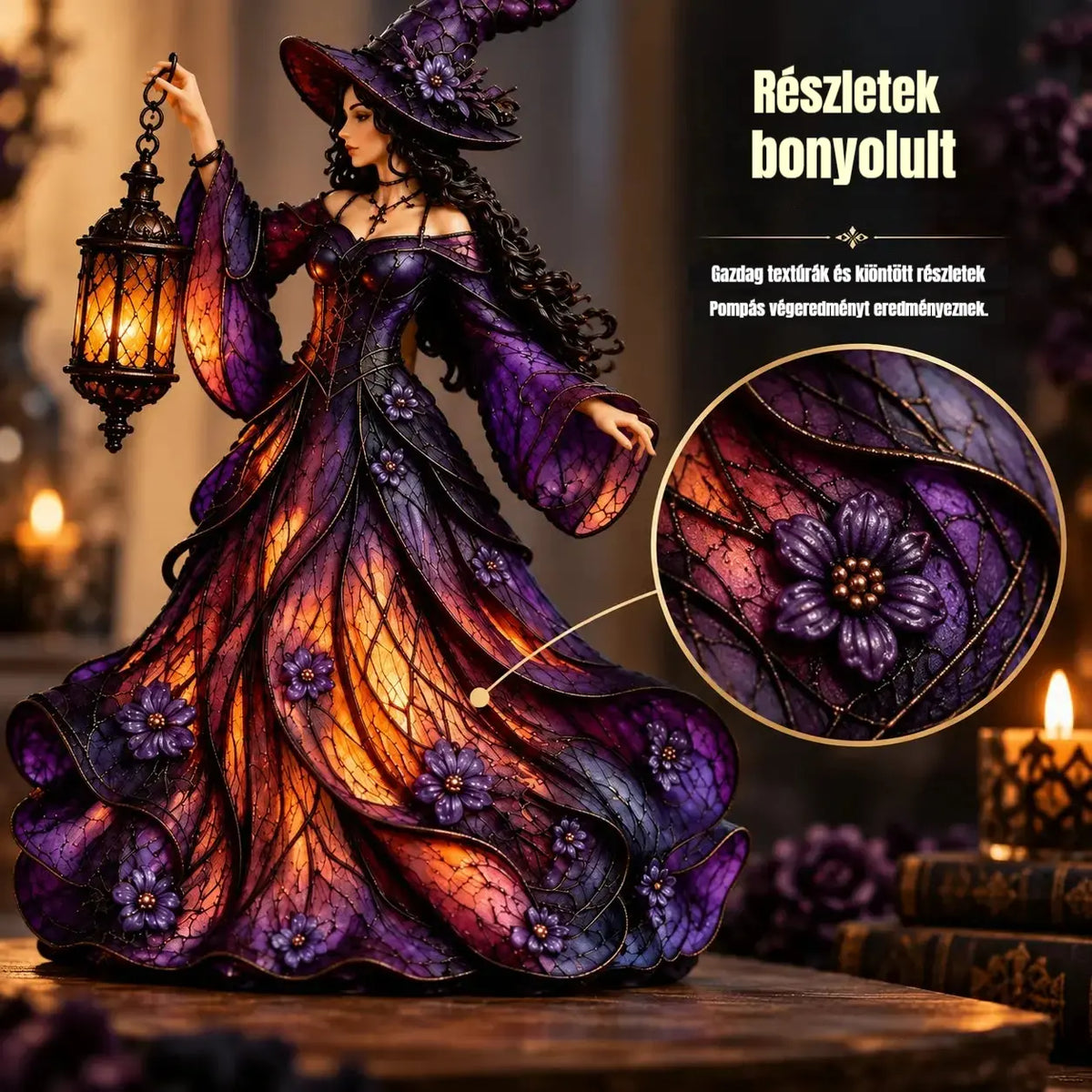 🧙♀️ Gótikus halloweeni boszorkányfigura LED lámpással 🧙♀️