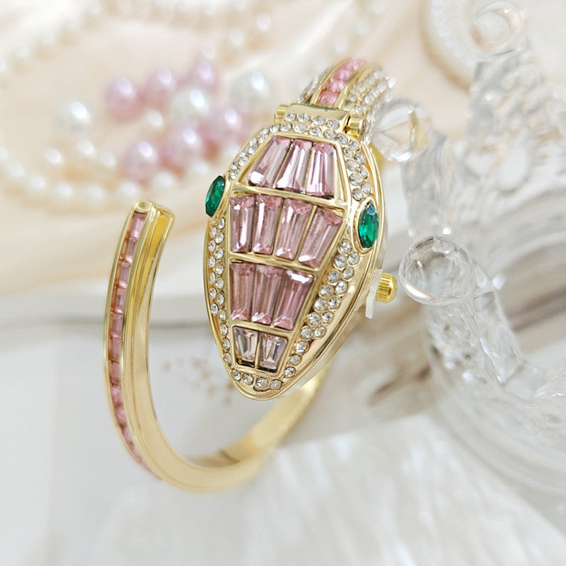 💚✨Reloj de pulsera tipo serpiente con diamantes, elegante reloj de cuarzo de acero inoxidable para mujer