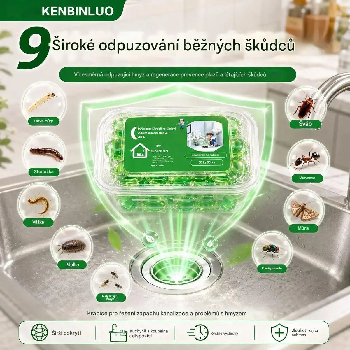 2 balení (100 tablet) 👍Vo vodě rozpustné kapsle pro eliminaci zápachu z odtoků – dokonalé řešení k zamezení šíření zápachu v koupelnách a kuchyních.
