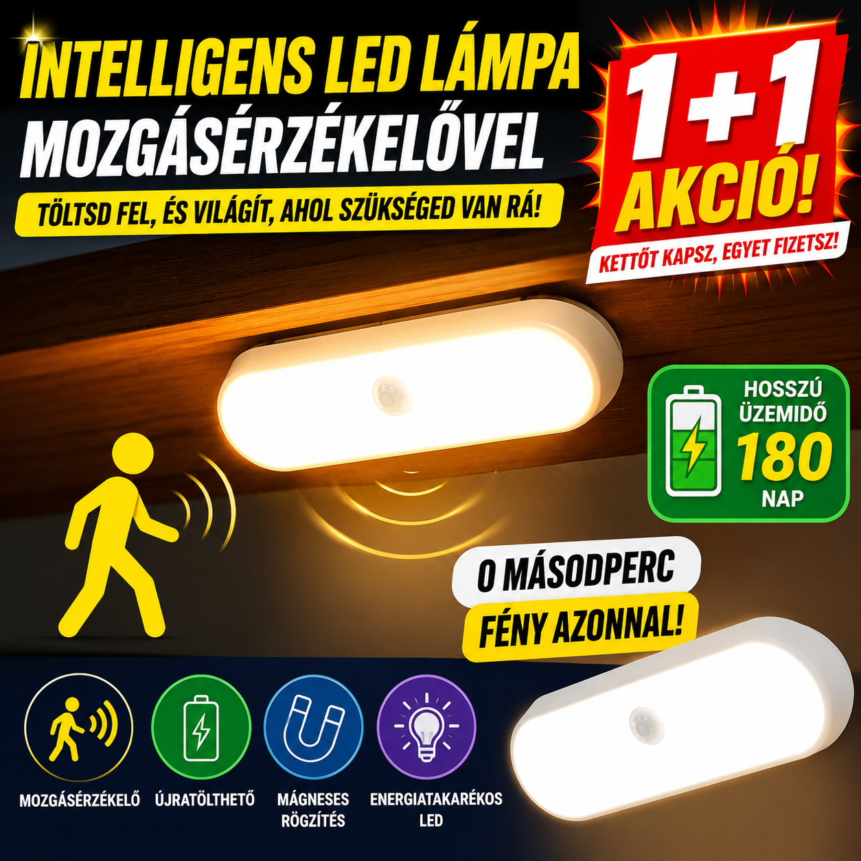 💥✨【Vásárolj 1-at, és kapsz 1-at ingyen】🏡💡Okos LED lámpa jelenlétérzékelővel, könnyen tölthető és praktikus.