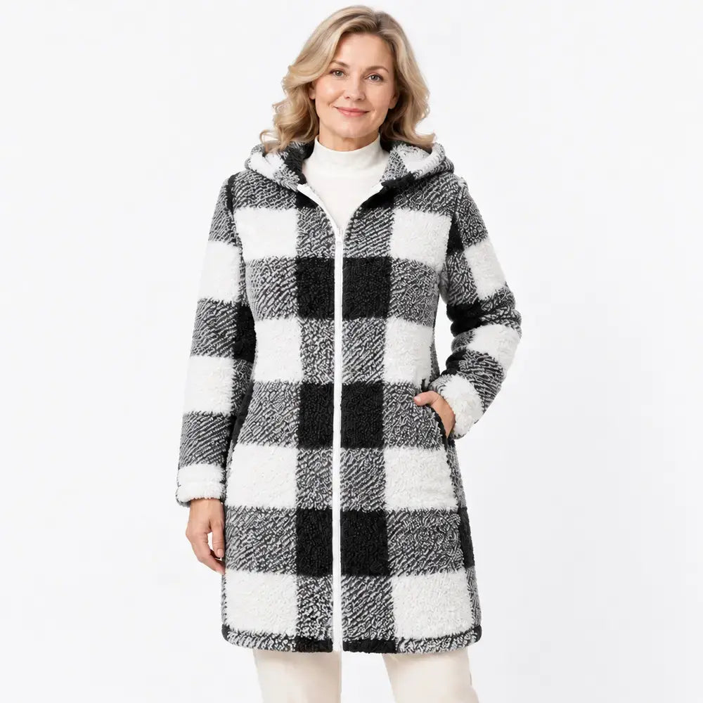 ✨【S-3XL】Női hosszú, megfordítható, cipzáras kardigán/kabát - műszőrme és kockás minta (ősz/tél)