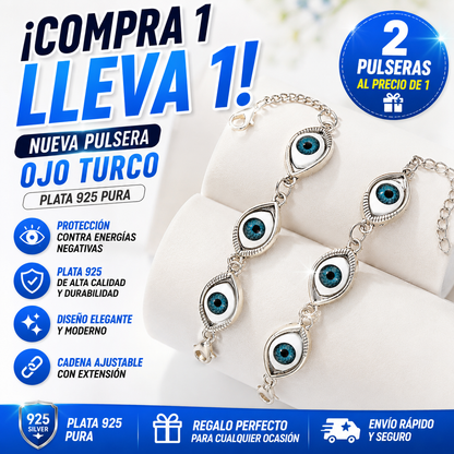 🔥【Compra 1 y llévate 1 gratis】Pulsera nueva de plata de ley 925 con ojo turco, incluye cadena de extensión.