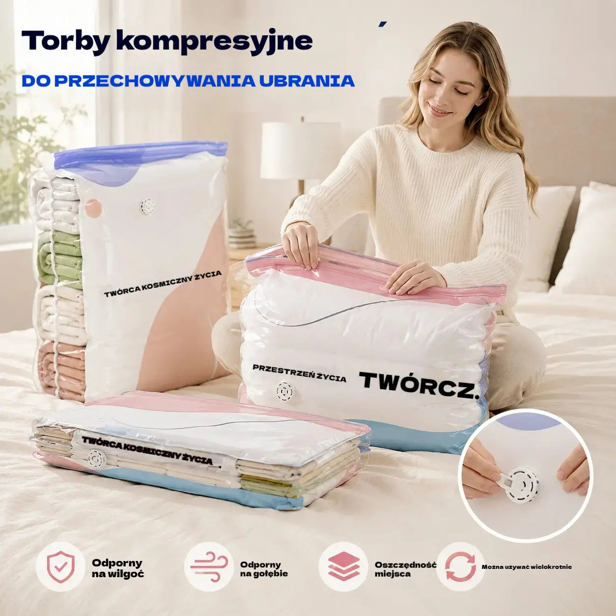 👕📦【Zestaw 5 sztuk! 22 zł / sztuka】Worki próżniowe do kompresji ubrań, nie wymagają pompki | Dwuwarstwowy pasek uszczelniający o pogrubionej konstrukcji zapobiegający pękaniu i przeciekaniu.