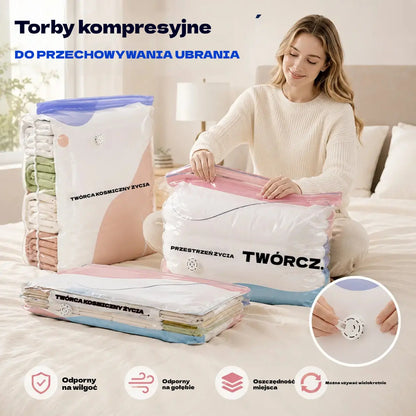 👕📦【Zestaw 5 sztuk! 22 zł / sztuka】Worki próżniowe do kompresji ubrań, nie wymagają pompki | Dwuwarstwowy pasek uszczelniający o pogrubionej konstrukcji zapobiegający pękaniu i przeciekaniu.