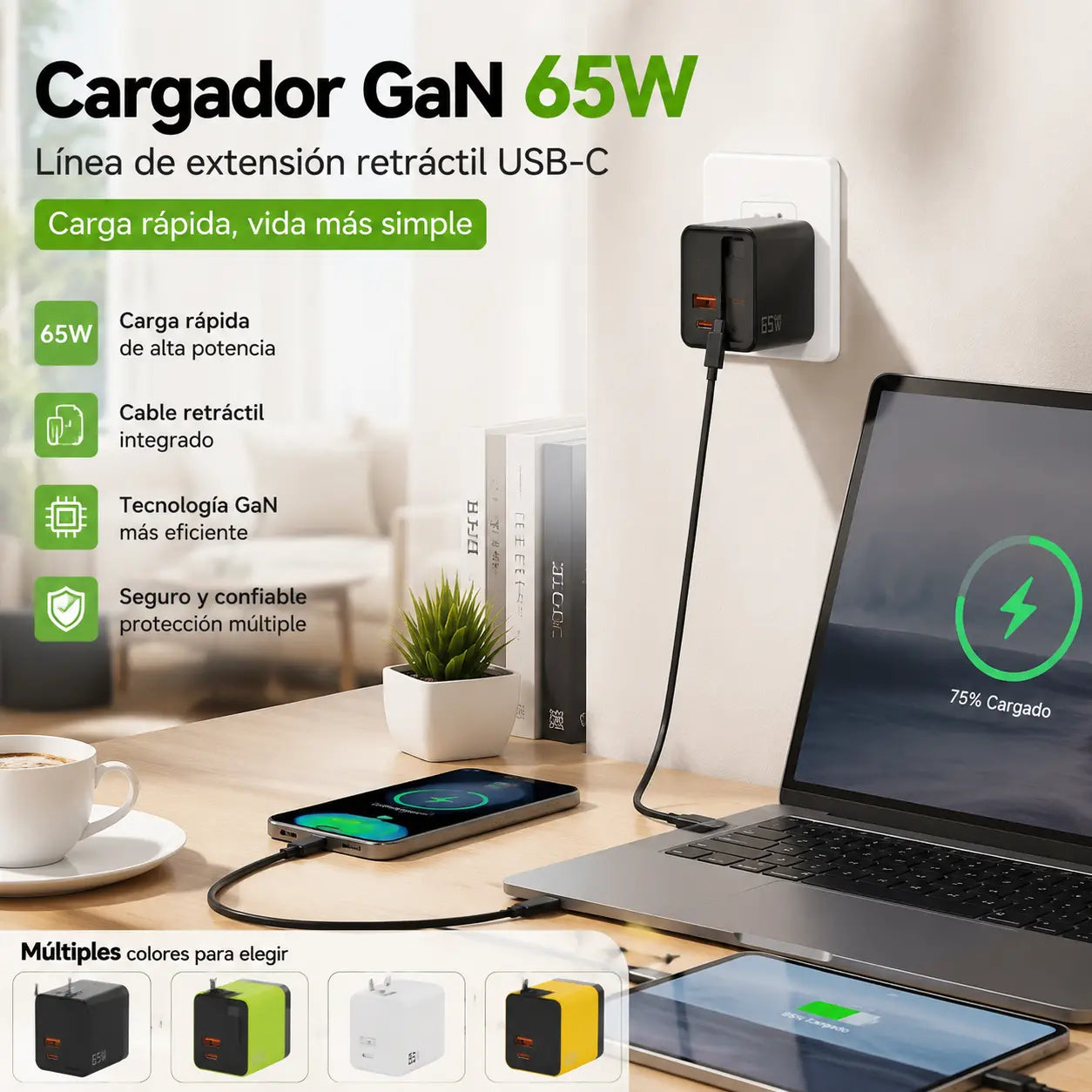 ⌛¡Solo queda 1 día de esta oferta!⏳ Cargador rápido para teléfono de 65 W con cable USB-C retráctil de 80 cm.