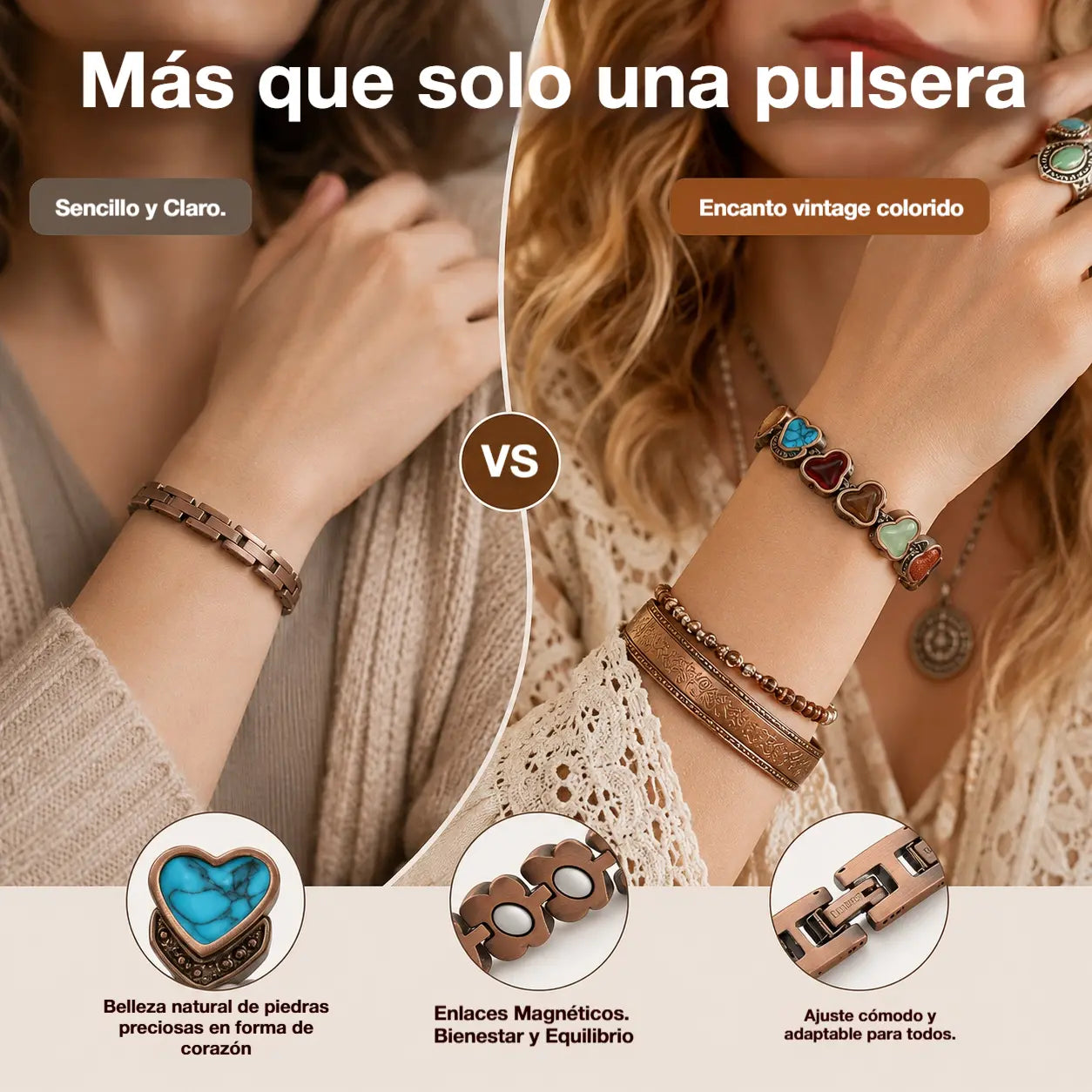 ✨🎁Pulsera de cobre para mujer, pulseras magnéticas de cobre puro, piedra preciosa natural única
