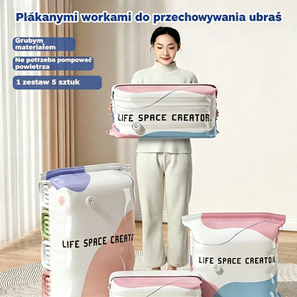 👕📦【Zestaw 5 sztuk! 22 zł / sztuka】Worki próżniowe do kompresji ubrań, nie wymagają pompki | Dwuwarstwowy pasek uszczelniający o pogrubionej konstrukcji zapobiegający pękaniu i przeciekaniu.