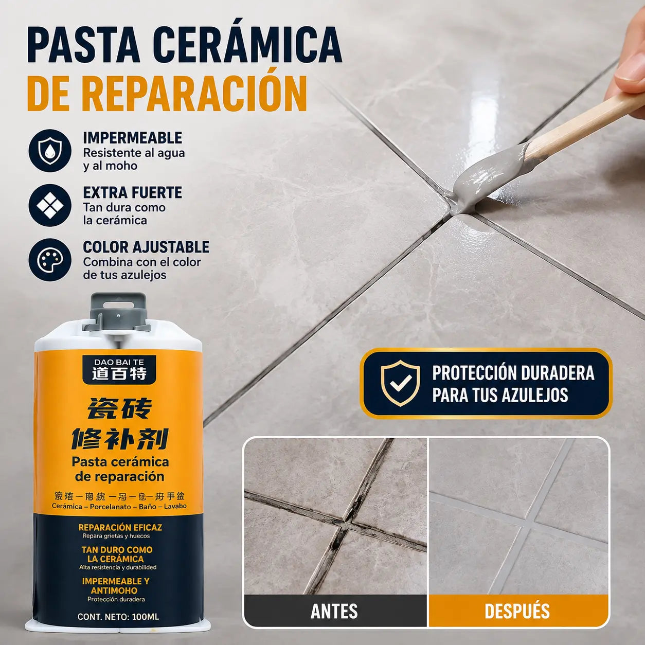 ✨【Compra 1 y llévate 1 gratis】2 piezas por 27 euros Pasta reparadora de azulejos cerámicos de doble tubo, un adhesivo mágico para rellenar grietas y agujeros.【Enviar herramientas】