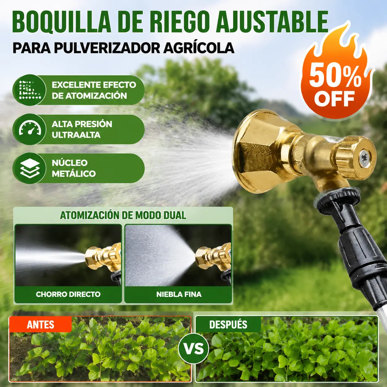 🔥Compra uno y llévate otro gratis🔥🌾Boquilla de Riego Ajustable de Latón para Pulverizador Agrícola ✅️Pago contra entrega