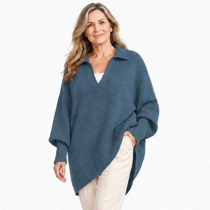 🌸【XS-5XL】Elegáns és maximális kényelem, bő szabású, V-nyakú kötött pulóver lehajtott gallérral｜Minden testalkatra alkalmas, elrejti a felesleges zsírt!