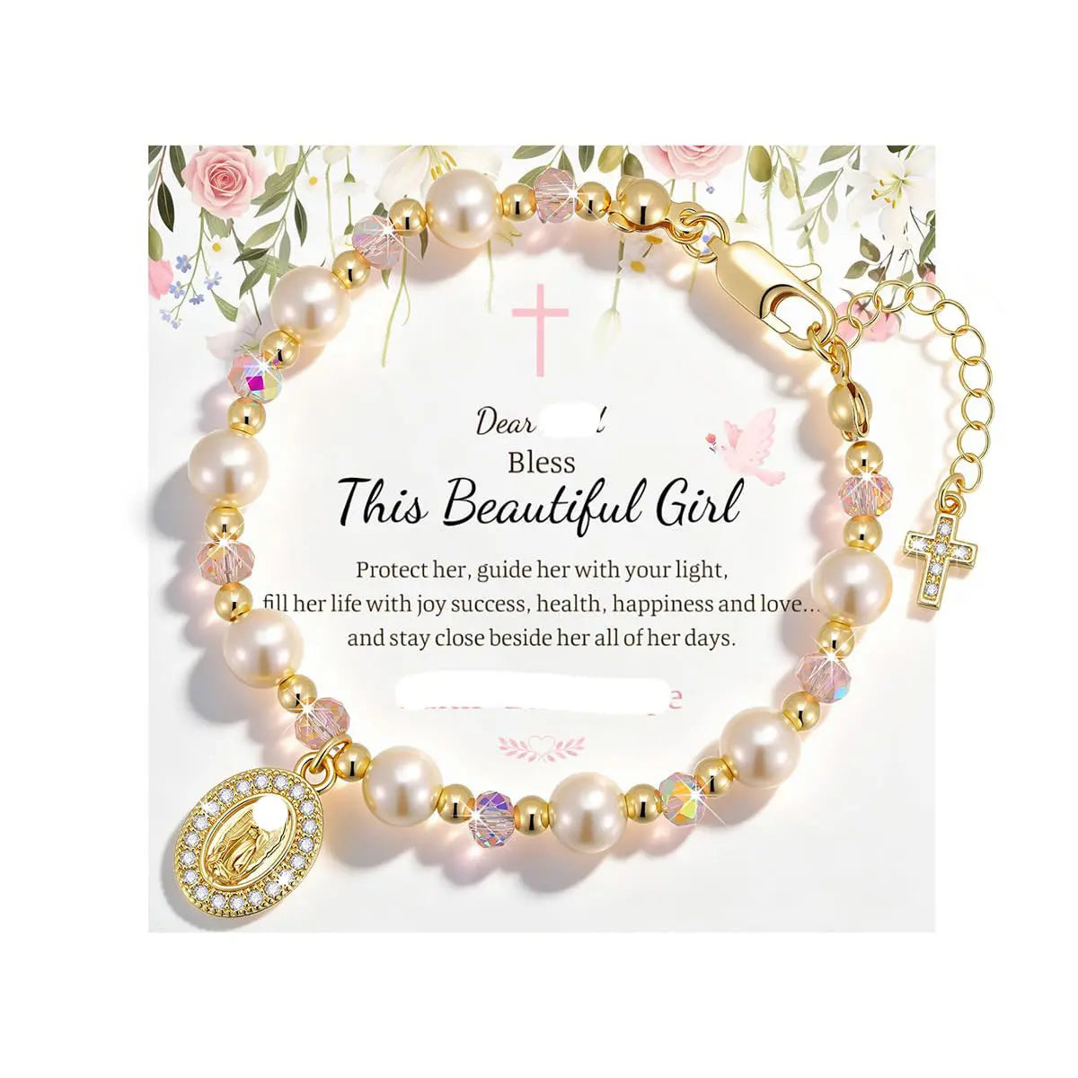 ✝️ Pulsera con cruz y piedra natal chapada en oro de 18 quilates ----- Pulsera con cruz y cuentas