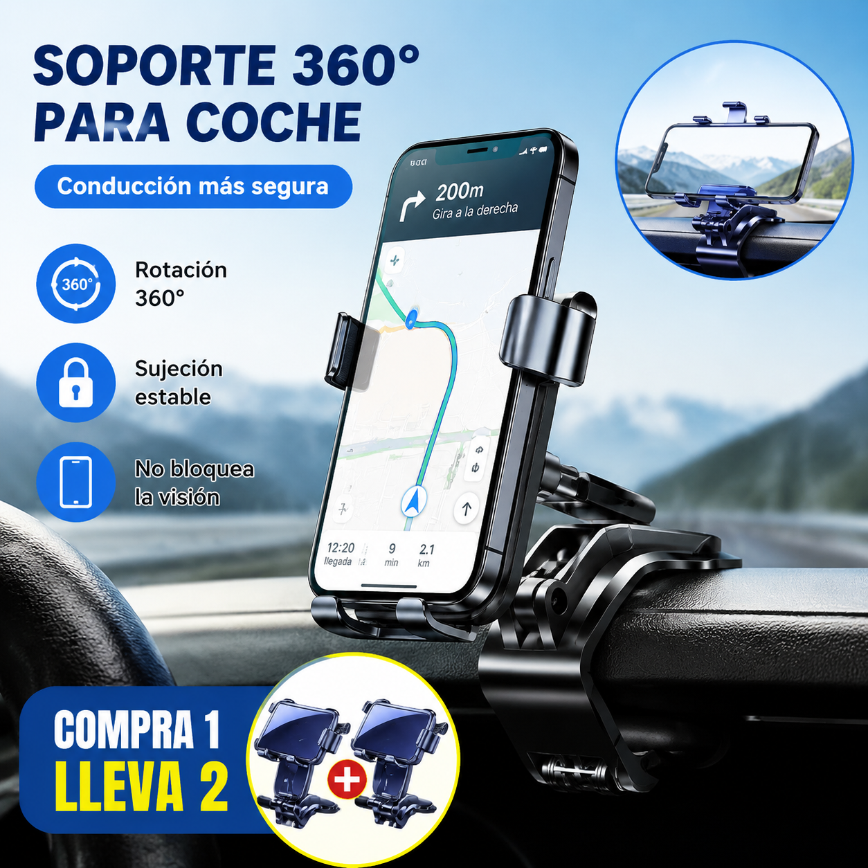 🔥【Compra 1 y llévate 1 gratis】🚗Soporte para teléfono móvil giratorio de 360° para coche