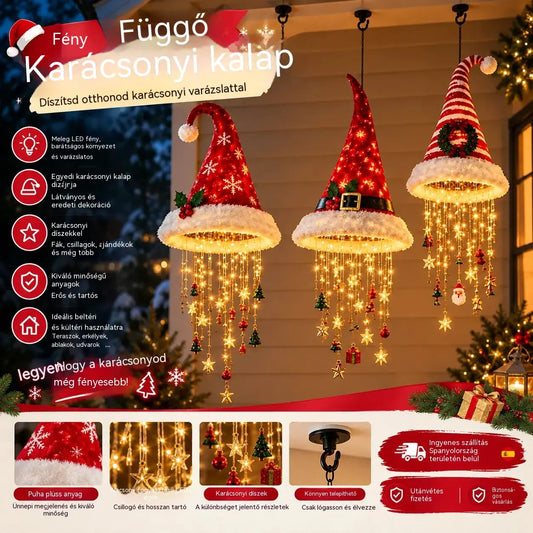 🎅 Hópelyhes és kristályos LED-fényű karácsonyi sapka – Varázslatos ragyogás a verandán ✨
