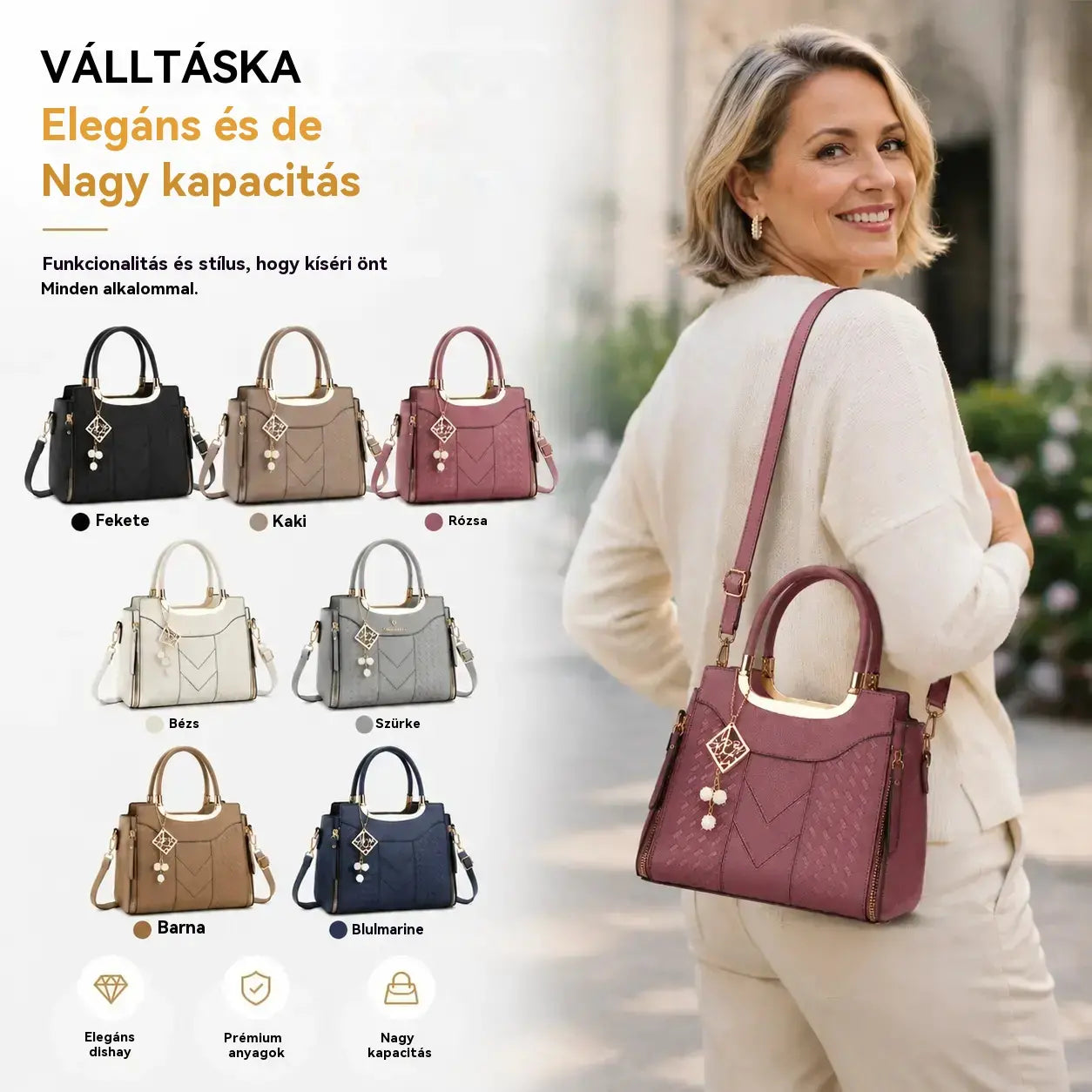 Női válltáska V-alakú varrással, arany szerelékekkel, több rekesszel és felső fogantyúval.