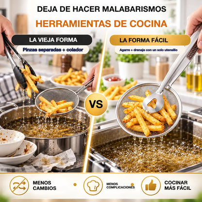 🍟🍗【3 piezas 25 euros【Compra 1 y llévate 2 gratis】】Pinzas y espumadera tipo araña 2 en 1: herramienta de acero inoxidable para freír y escurrir