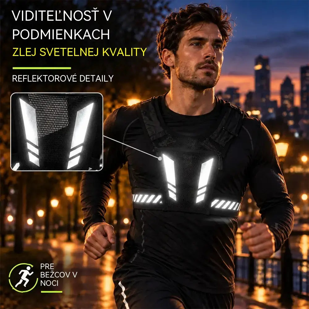 🏃 Športni telovnik za tek z žepom na prsih · Žep za telefon z zadrgo · Držalo za bidon na hrbtni strani · Odsevni elementi za vidljivost v temi · Zračna mrežica in nastavljivi trakovi!