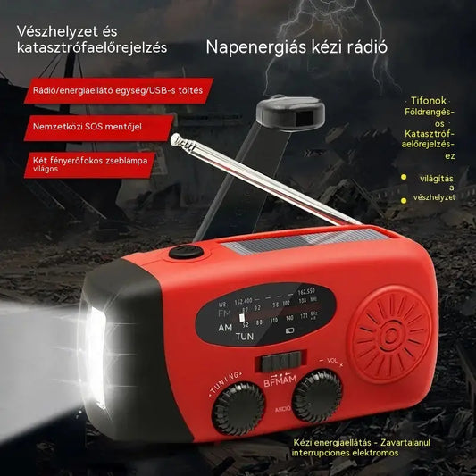 Többfunkciós, hordozható, napelemes vészhelyzeti rádió