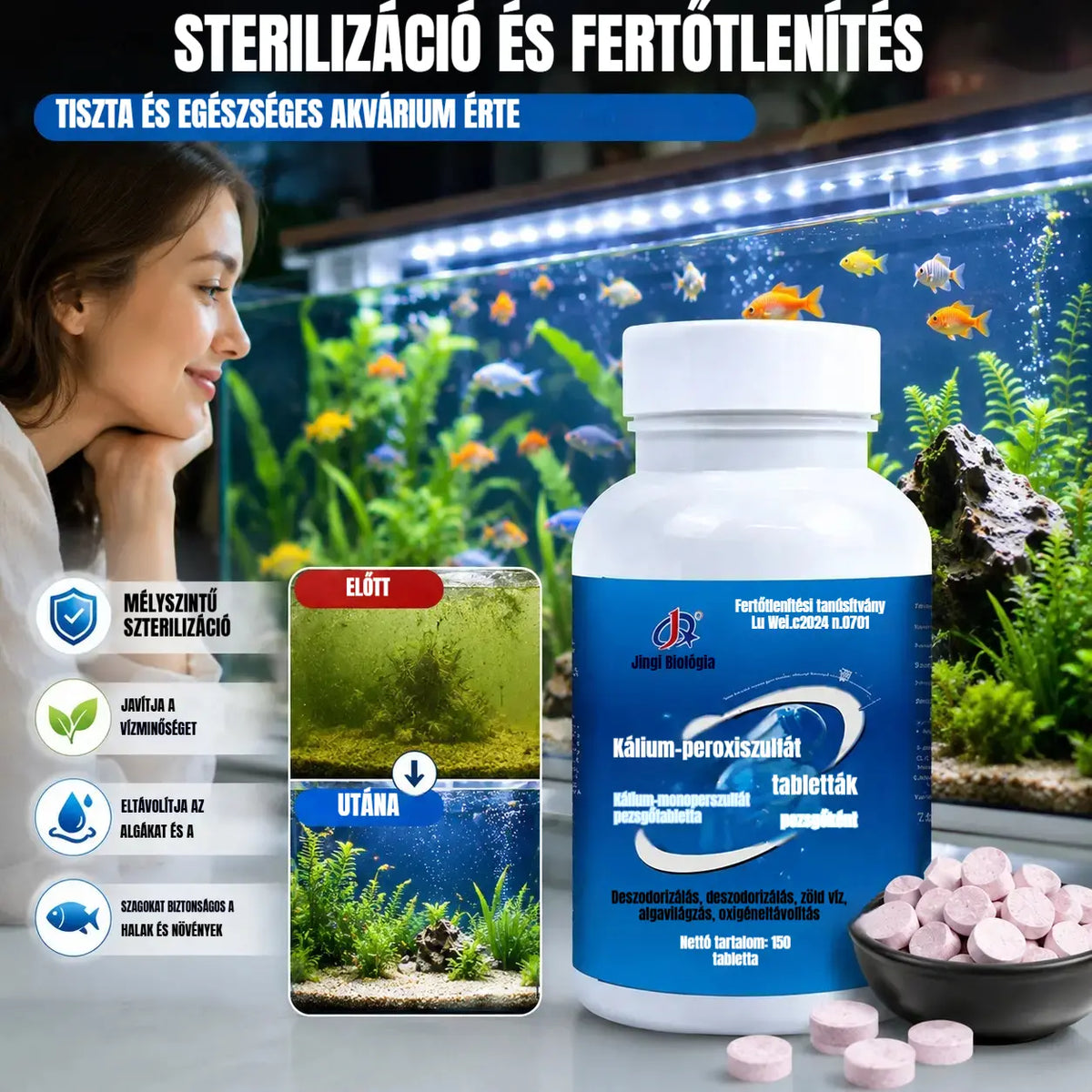 🔥【150 kapszula】🐟🌿Többhatású akváriumvíz-tisztító tabletták: Sterilizál, eltávolítja a klórt és tisztítja a vizet; akváriumokhoz és tavakhoz alkalmas.