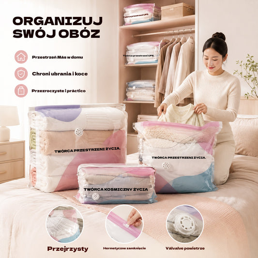 🧳【Zestaw 5 sztuk 109 PLN】💨 Duży, kompresyjny worek próżniowy: Nie wymaga pompki, jest szczelny i idealny do oszczędzania miejsca w walizkach oraz w domu ✈️