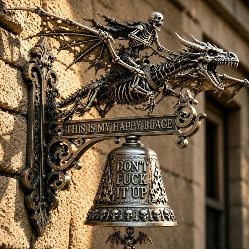 Gótikus stílusú dekoratív fali csengő csontváz lovaggal és sárkánnyal, vintage fém dísz bárba, otthonra és udvarra