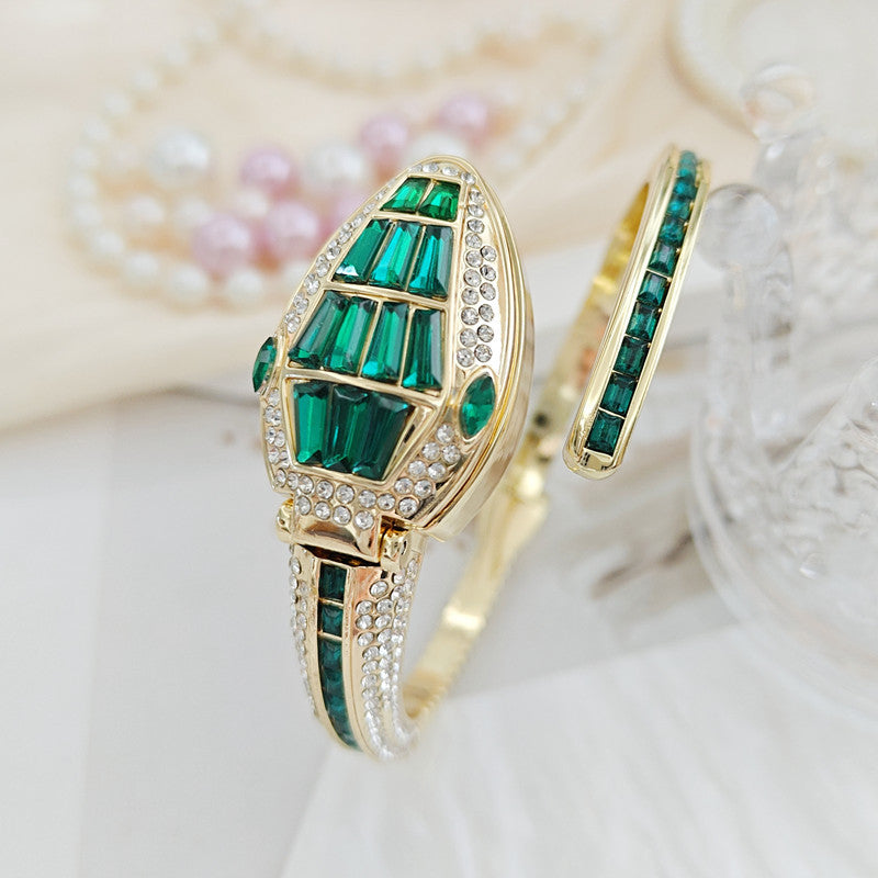 💚✨Reloj de pulsera tipo serpiente con diamantes, elegante reloj de cuarzo de acero inoxidable para mujer