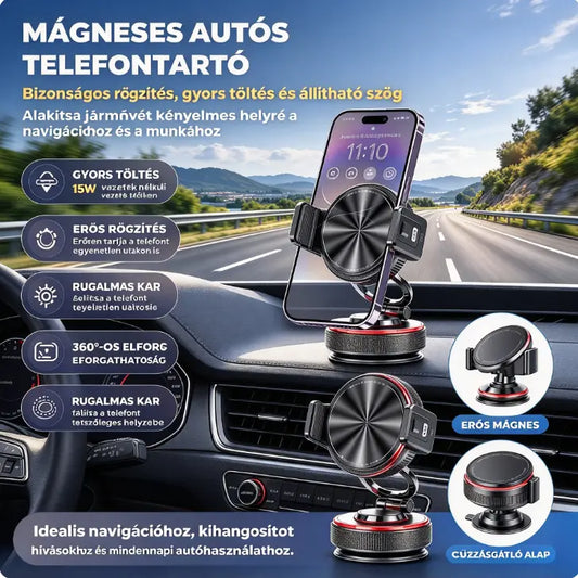 📱 50% kedvezmény! Autós telefontartó tapadókoronggal és 20 N mágneses erősségű elemmel, teleszkópos karral és 360°-os forgathatósággal. Stabil és összecsukható! ✨🚗
