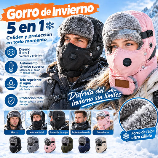 🧶Gorro térmico Ushanka de invierno con máscara facial desmontable y gafas - Prenda cortavientos 5 en 1 para clima frío