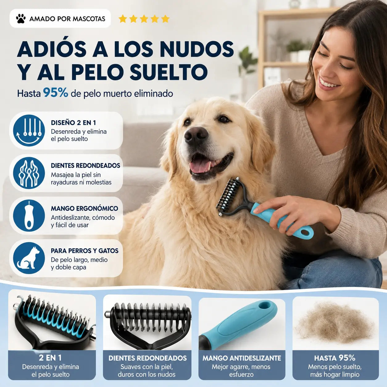 🐕🐱【2 piezas 22 euros】🐾 Herramienta profesional para eliminar el pelo muerto de perros y gatos: suave, eficaz y un hogar libre de pelo ✨💖