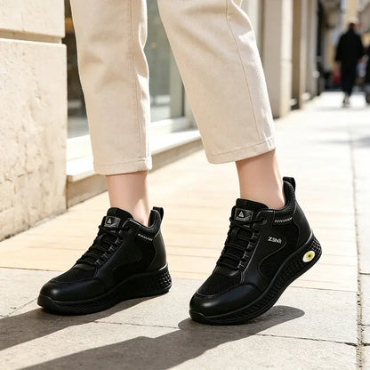 【35-41】👟Dámské černé kožené pracovní boty na ploché nošení - protiskluzové, polstrované - prodyšné, lehké a pohodlné