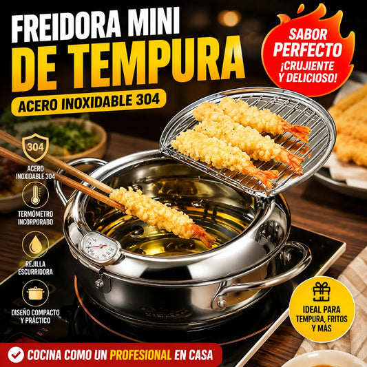 🍤🍟Olla para freír tempura japonesa de acero inoxidable 304 – Mini sartén profunda con termómetro y rejilla para escurrir el aceite