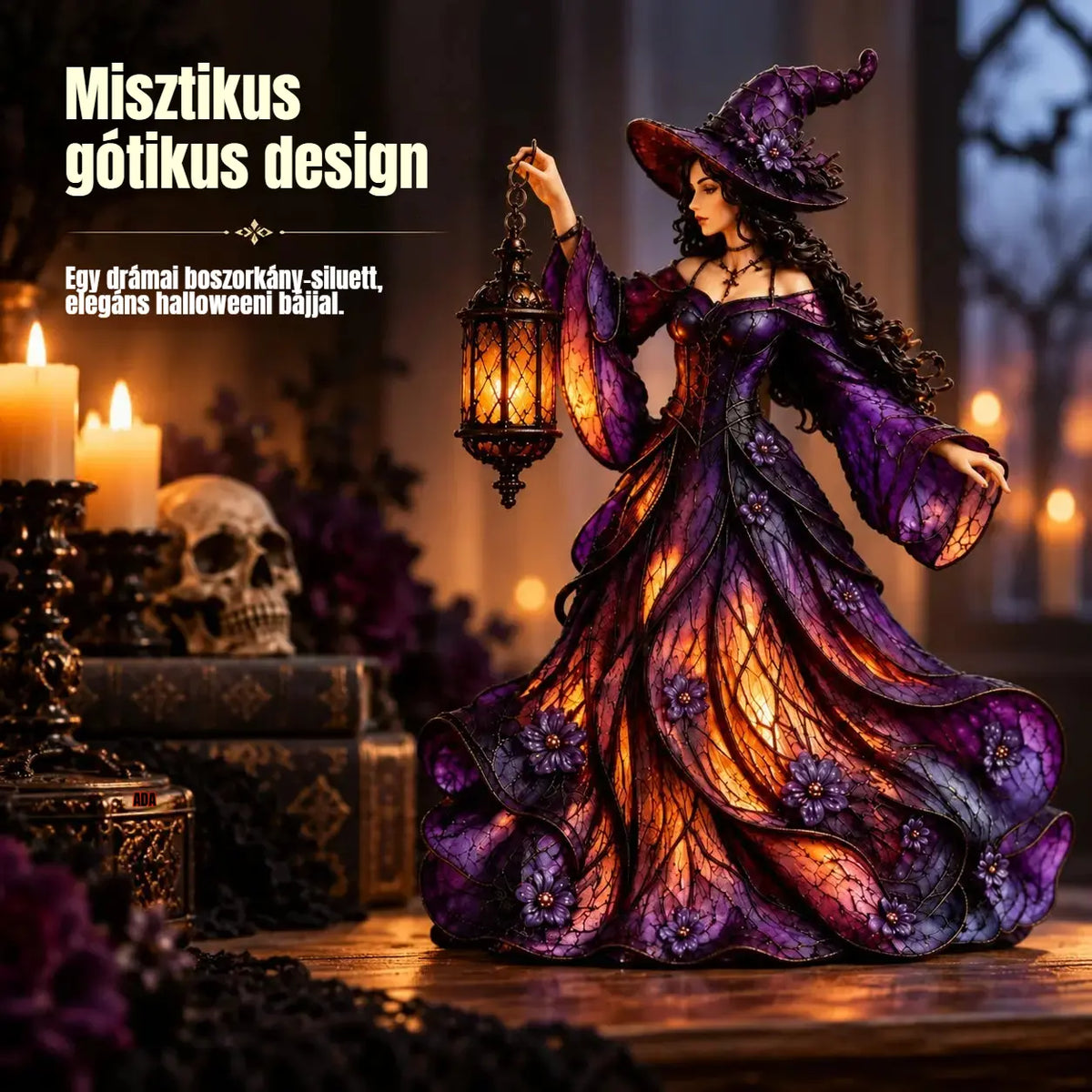 🧙‍♀️ Gótikus halloweeni boszorkányfigura LED lámpással 🧙‍♀️