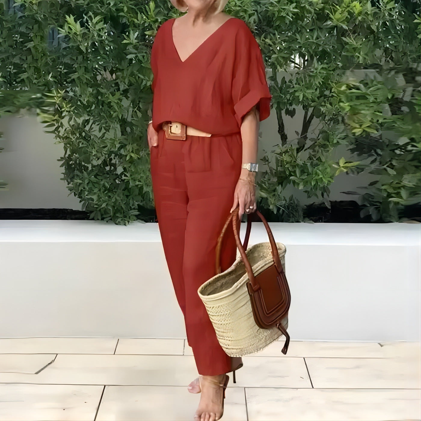 【S-5XL】Elegantní dámský komplet z lnu a bavlny: volná blůza s výstřihem do V a dlouhé kalhoty, měkký, prodyšný a příjemně chladivý materiál