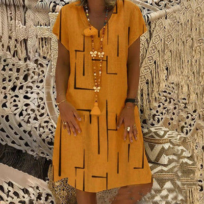 👗【S–5XL】Mintás pamut ruha V-nyakkivágással