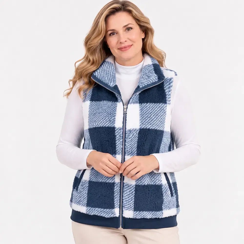 🧥【S-3XL】Női kockás ujjatlan plüss kabát őszi és téli viseletre, vastag plüss anyagból, laza szabású, meleg őszi és téli kabát, állógallérral, cipzáras stílusban🥰