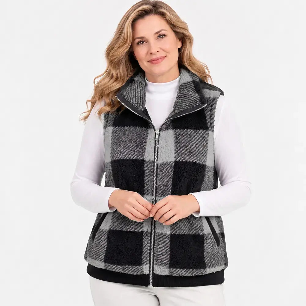 🧥【S-3XL】Női kockás ujjatlan plüss kabát őszi és téli viseletre, vastag plüss anyagból, laza szabású, meleg őszi és téli kabát, állógallérral, cipzáras stílusban🥰