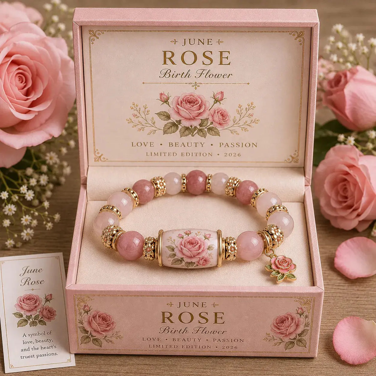 🔥【30% OFF】🔥【Compra 1 y llévate 1 gratis】🎁✨Pulsera de flores de cumpleaños de diciembre con colgante de rosa en forma de gota de aceite de aleación y pulsera de calcedonia🌸
