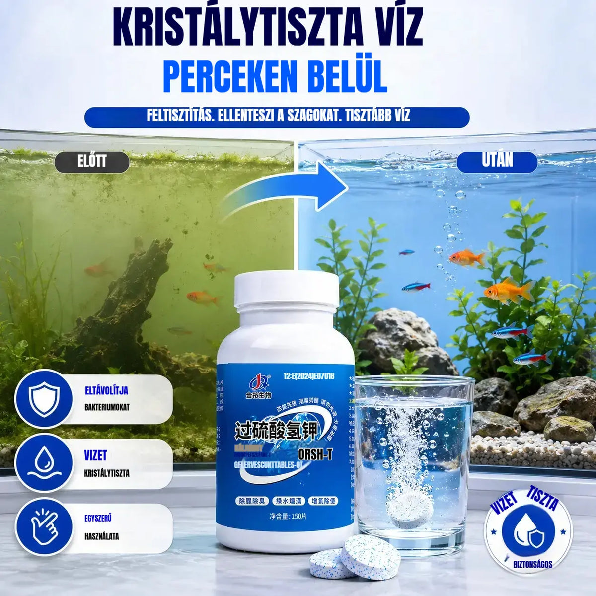 🔥【150 kapszula】🐟🌿Többhatású akváriumvíz-tisztító tabletták: Sterilizál, eltávolítja a klórt és tisztítja a vizet; akváriumokhoz és tavakhoz alkalmas.